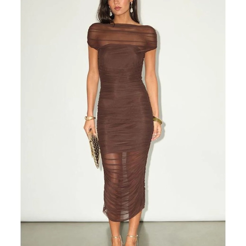 NWT Lulu’s Sunama Brown Mesh Ruched Bodycon Midi Dress